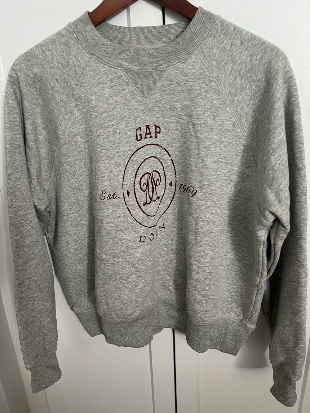 GAP x Doen Gray Crewneck Sweatshirt with Burgundy Crest Logo